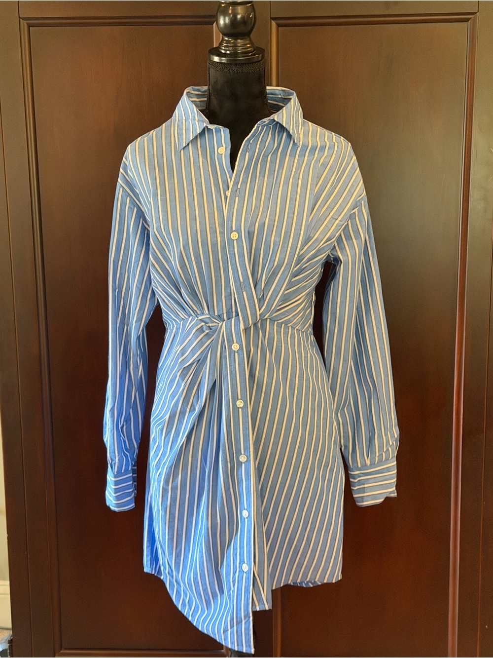 Steve Madden Blue and White Striped Twist-Front Long Sleeve Dress